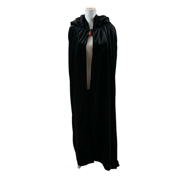 Ladies Long‎ Black Velvet Hooded Robe with Purple Satin Lining One Size - Picture 1 of 11